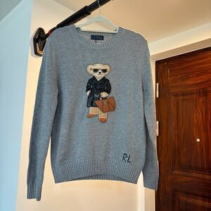 Ralph Lauren Grey Knit Sweater With 3D Embroidered Bear